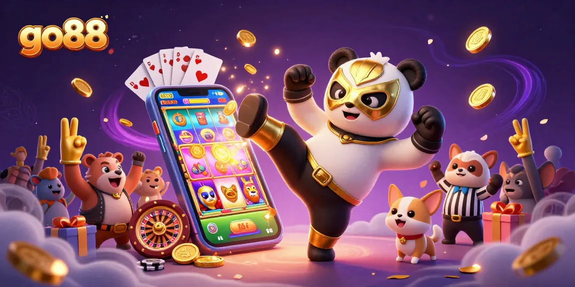 Experience go88 action with a panda wrestler and chihuahua referee in a lively casino scene.