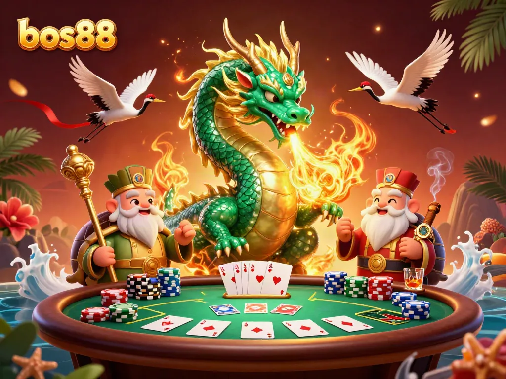 Experience the thrilling action of bos88 with a mystical dragon, vibrant poker scene, and wise characters.