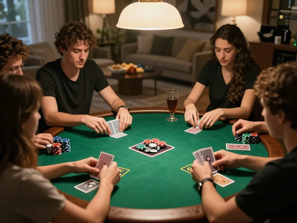 Engage with friends in a lively poker game night at home, showcasing 388bet's social gambling experiences.
