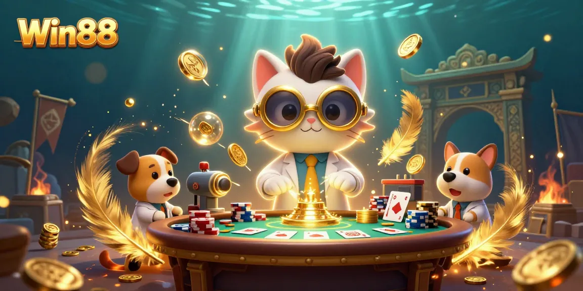 Win88 showcases a vibrant scene with a mad scientist cat and assistant in a casino-themed setting.