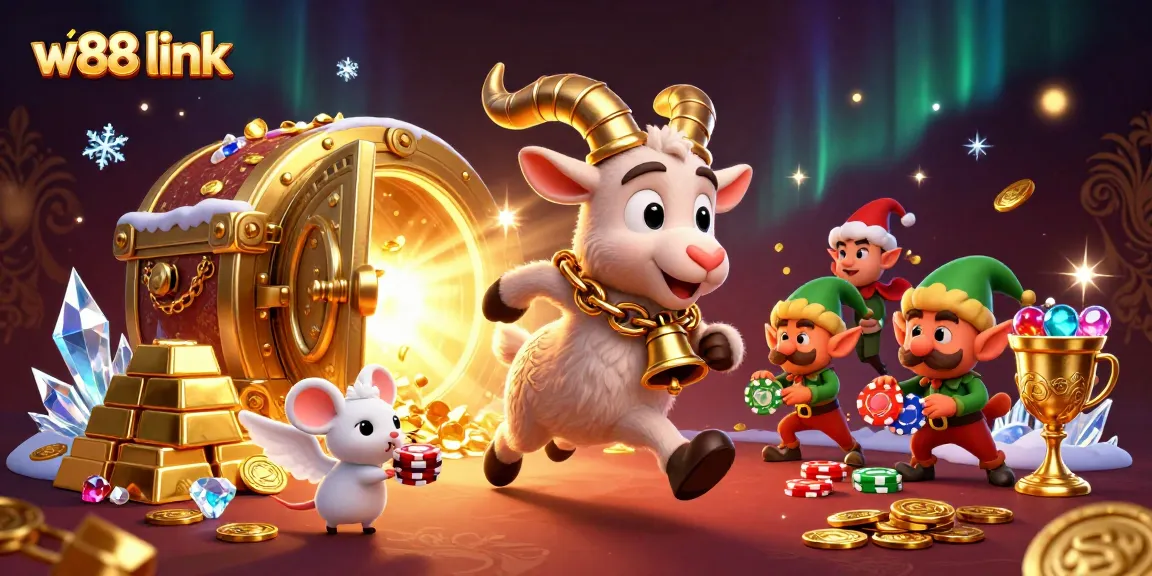 Experience the thrill at the w88 link casino with Krampus and festive characters in a dynamic, vibrant scene.