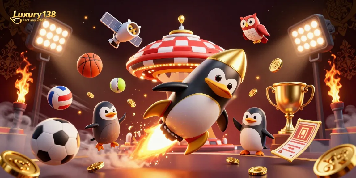 Join the excitement at Luxury138 link alternatif, where a golden penguin and casino elements create a winning atmosphere.