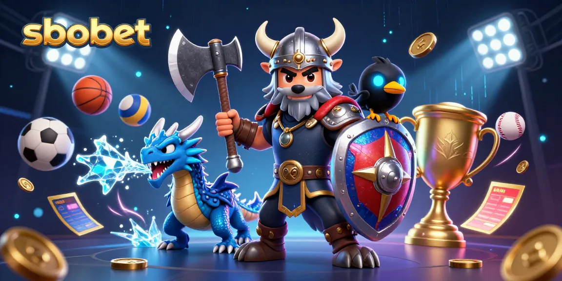 Engage with sbobet in this vibrant 3D illustration of a Viking wolf warrior and dragon amidst a lively gambling scene.