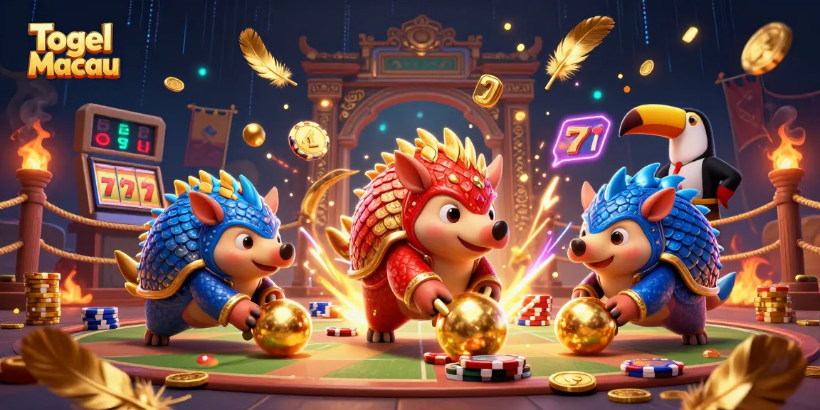 Togel Macau gameplay action with vibrant pangolins competing amidst golden coins and thrilling casino elements.