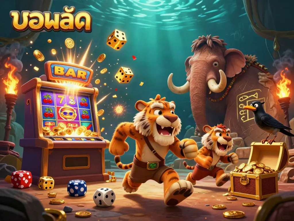Experience the thrill of บอลสด with engaging casino elements and characters in this vibrant 3D illustration.