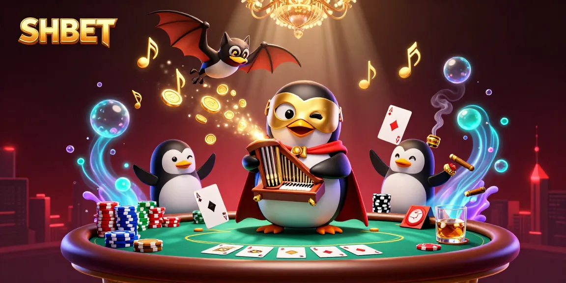 Experience the excitement of SHBET with a vibrant 3D casino scene depicting a whimsical penguin and poker elements.