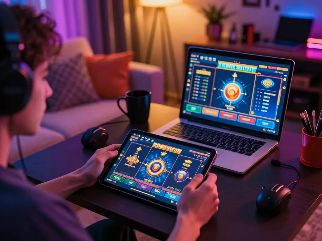 Terlibat dalam permainan Demo Slot di tablet dalam pengaturan permainan online yang nyaman, menyoroti permainan strategis