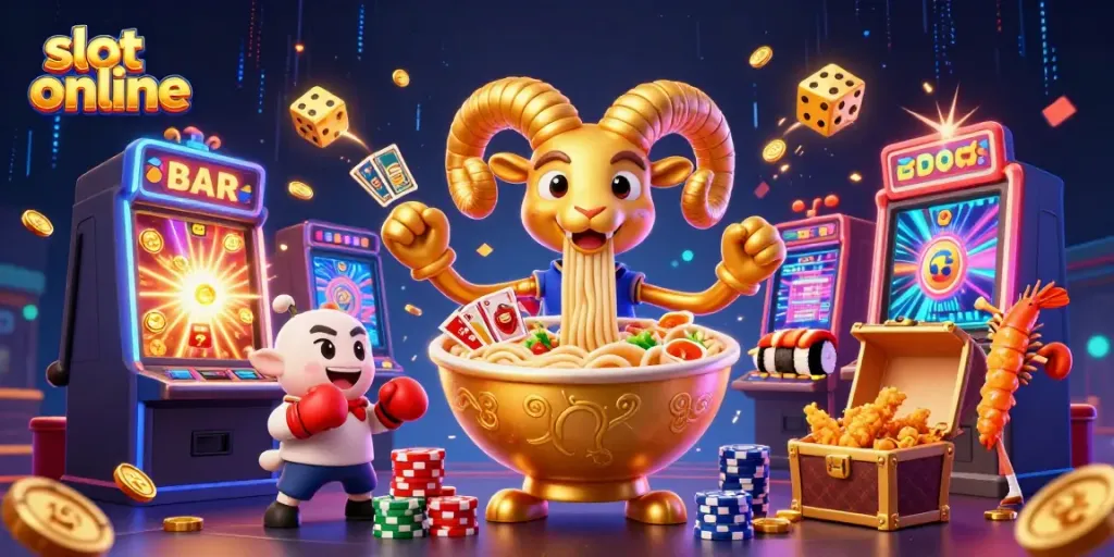 Permainan slot online yang seru dengan karakter ramen dan teman-temannya yang sedang merayakan jackpot.