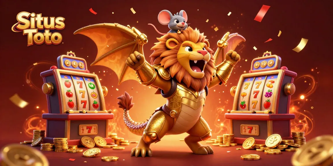 Situs Toto captivates the audience with a vibrant 3D scene of a chimera and mouse jockey amidst dazzling slot elements.