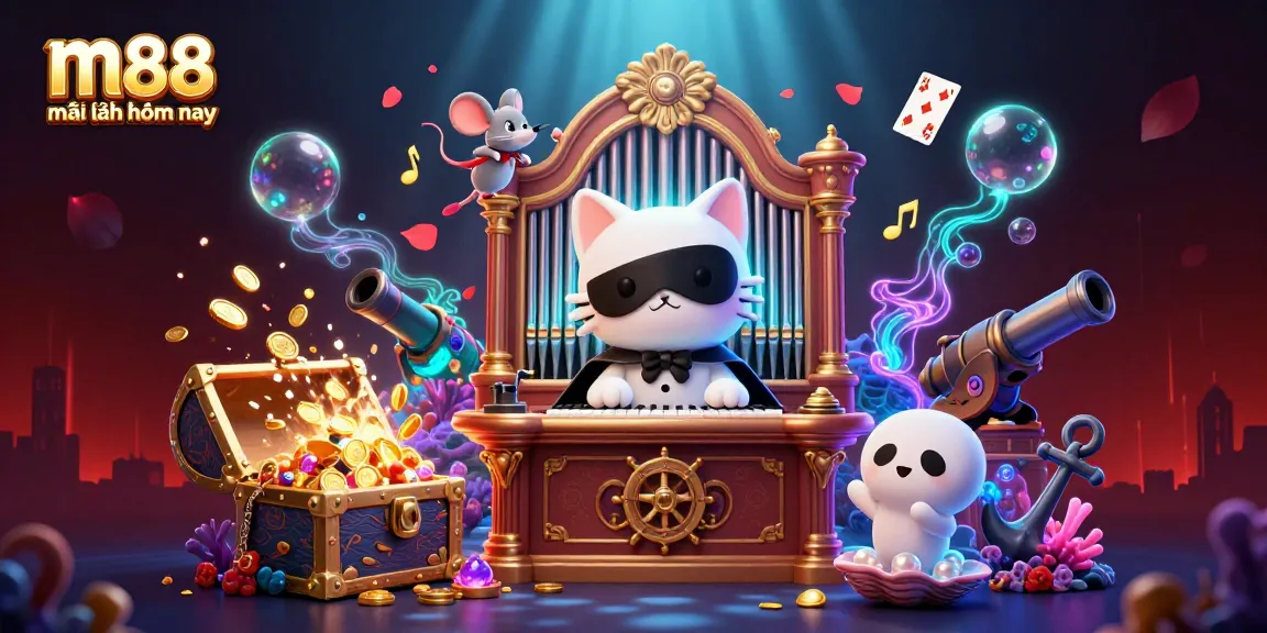 Trải nghiệm m88 mới nhất hôm nay với các yếu tố casino trực tuyến hấp dẫn trong một cảnh 3D sống động.