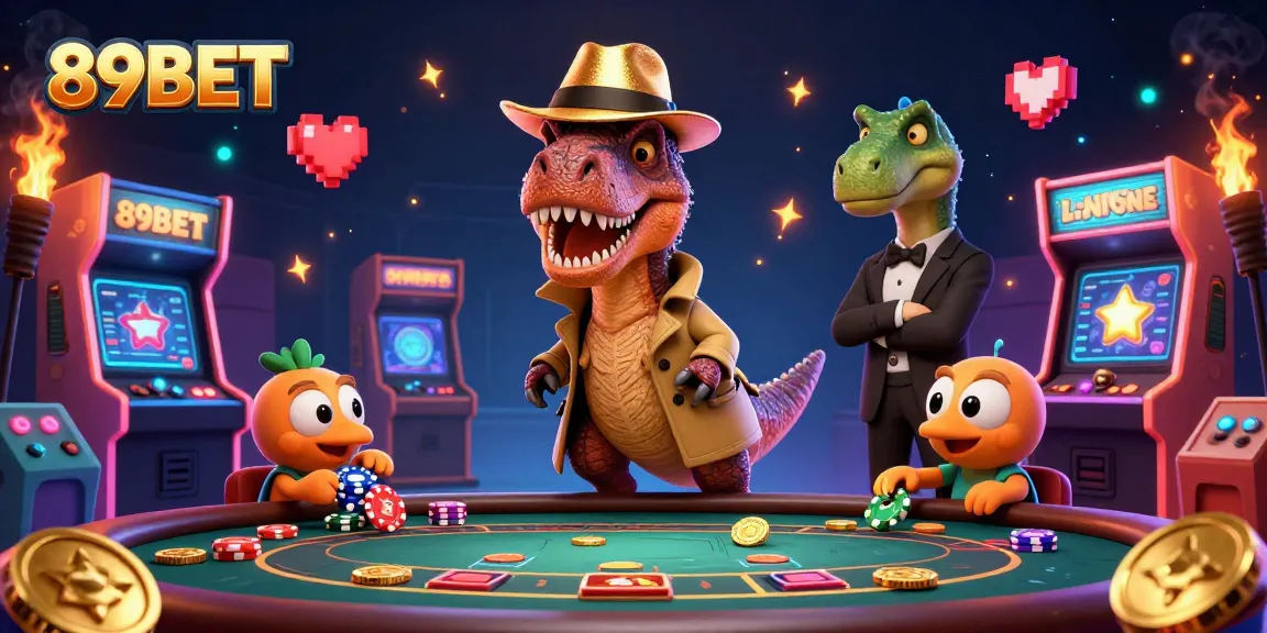 Engage with the vibrant world of 89BET featuring a velociraptor card counter at a blackjack table amidst dynamic casino elements.