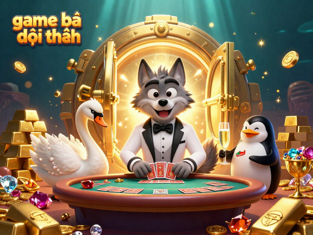 Experience game bài đổi thưởng with a debonair wolf, elegant swan, and sophisticated penguin in a rich casino scene.
