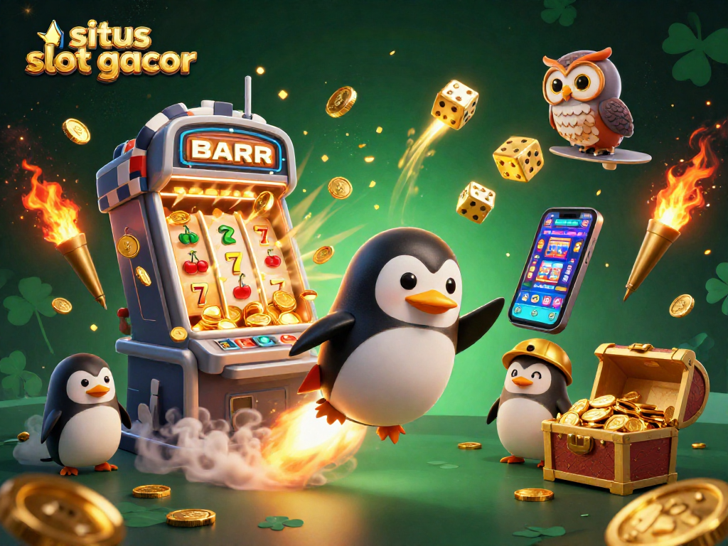 Experience situs slot gacor with a golden penguin racing to a jackpot amidst a dynamic casino scene.