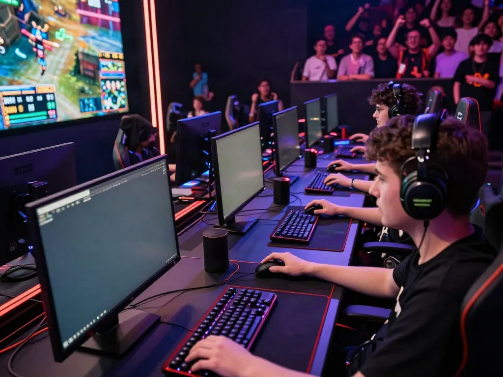 Proses nyonya4d login pada pemain di arena esports yang ramai dengan kilau lampu LED.