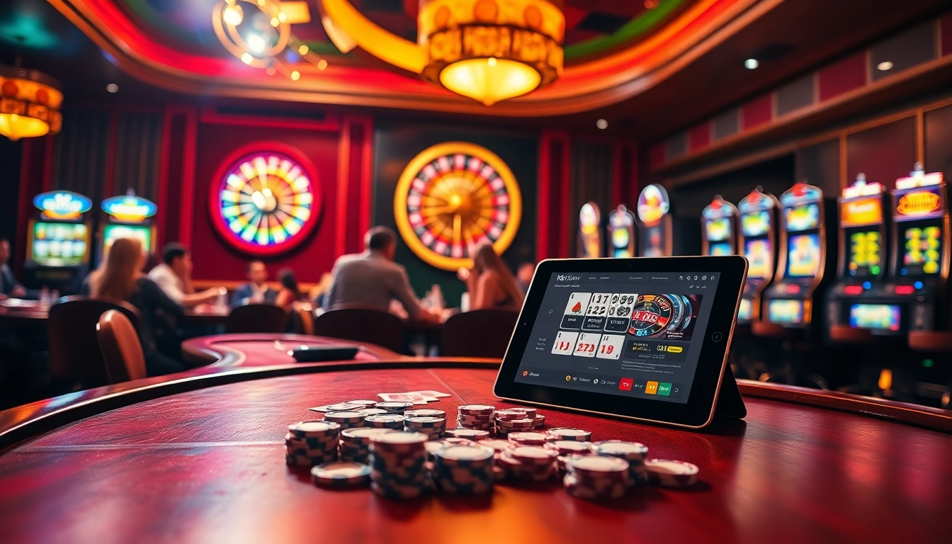 Exciting gambling action at b52 club with poker tables, roulette wheel, and slot machines.