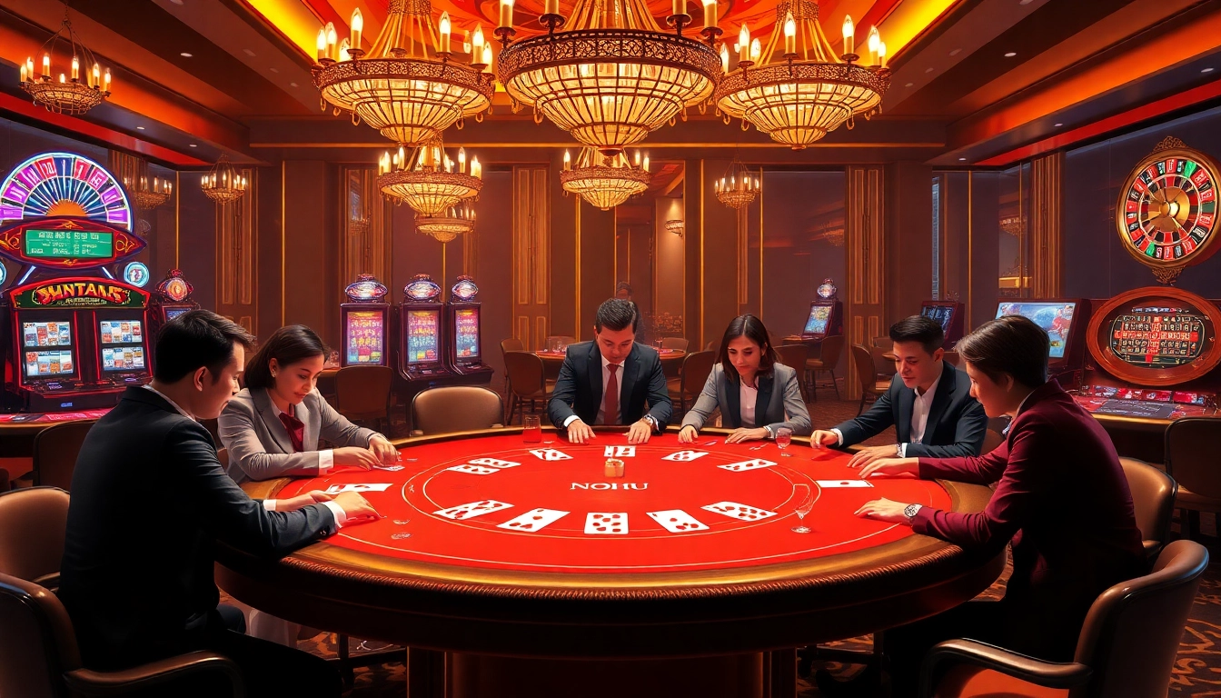 NOHU gaming table with players enjoying a thrilling card game in a luxurious casino setting.