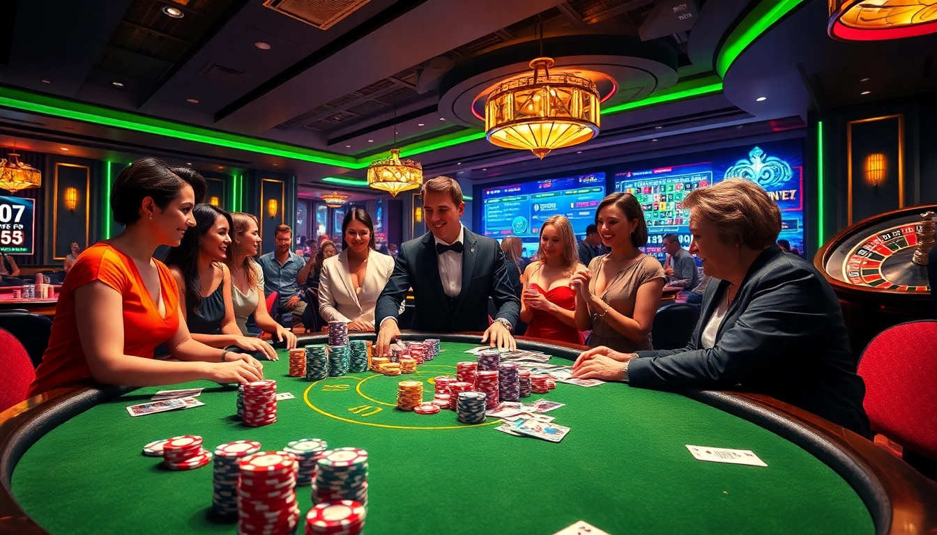 Exciting poker action at a casino table with gamblers enjoying https://kk55.group's thrilling experience.
