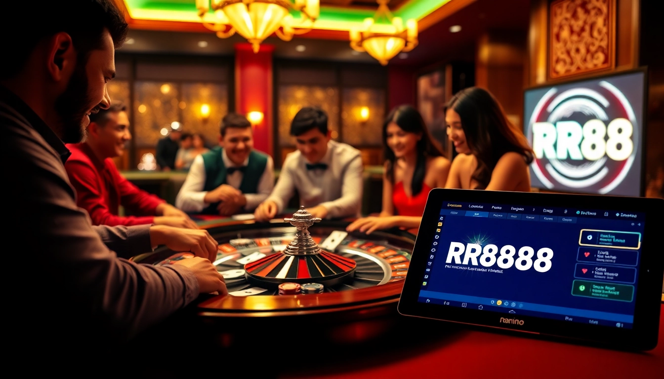 Players enjoying a thrilling roulette game at RR88 Casino, surrounded by vibrant poker chips and cards.