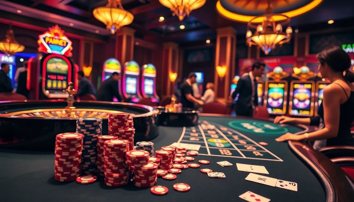 Experience the thrill of gambling at kk55.fit with a vibrant casino scene showcasing poker tables and roulette wheels.