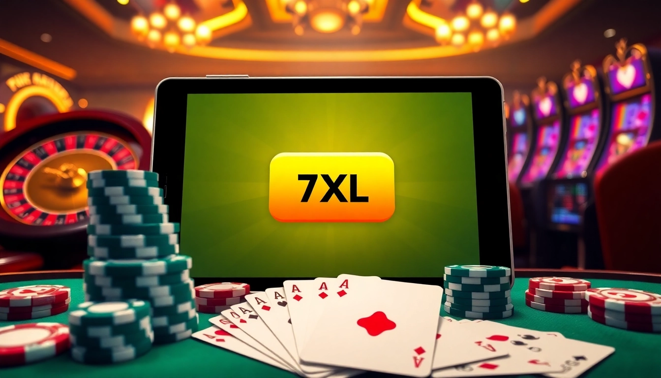 צילום מסך של אפליקציית 7xl להורדה המציגה הימורים מקוונים מרתקים עם צ'יפים של פוקר ומכונות סלוט.