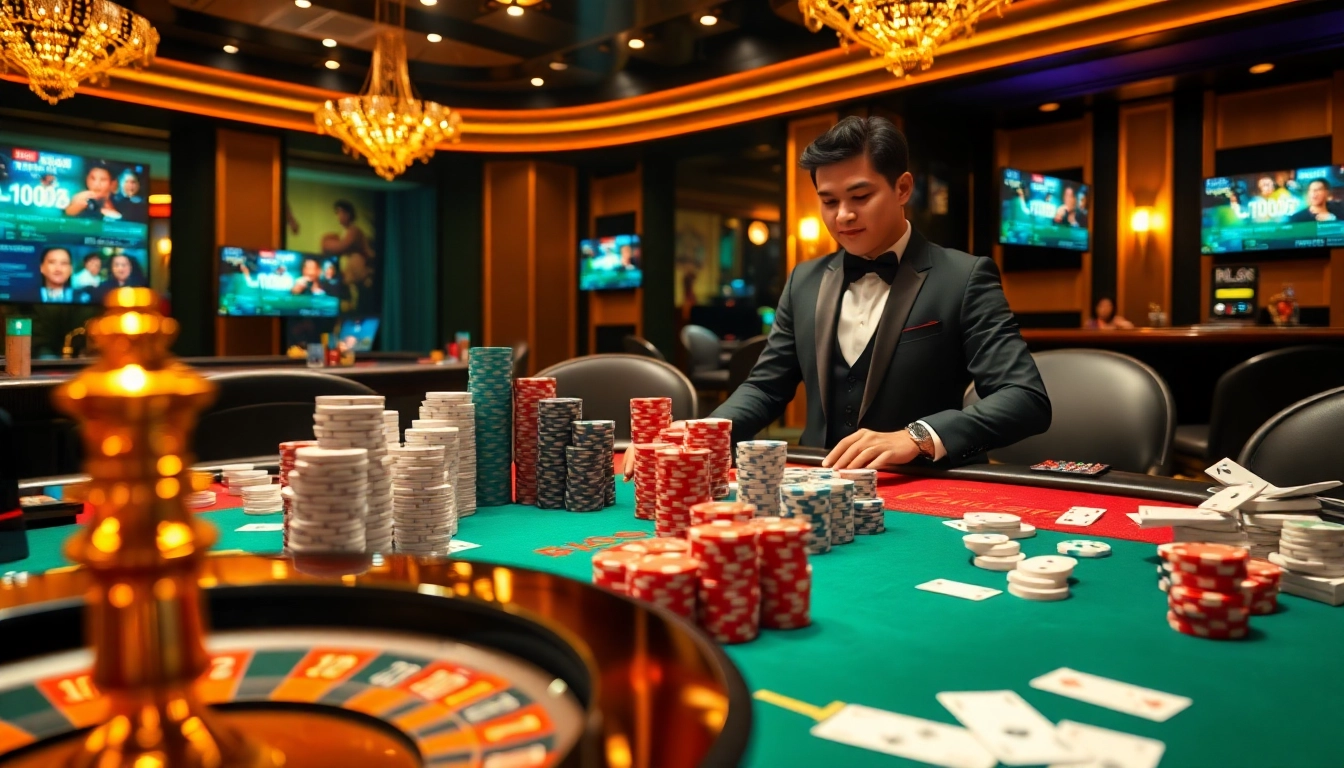 Experience thrilling gameplay at Nhà cái BL555 with live dealers, poker chips, and captivating casino tables.