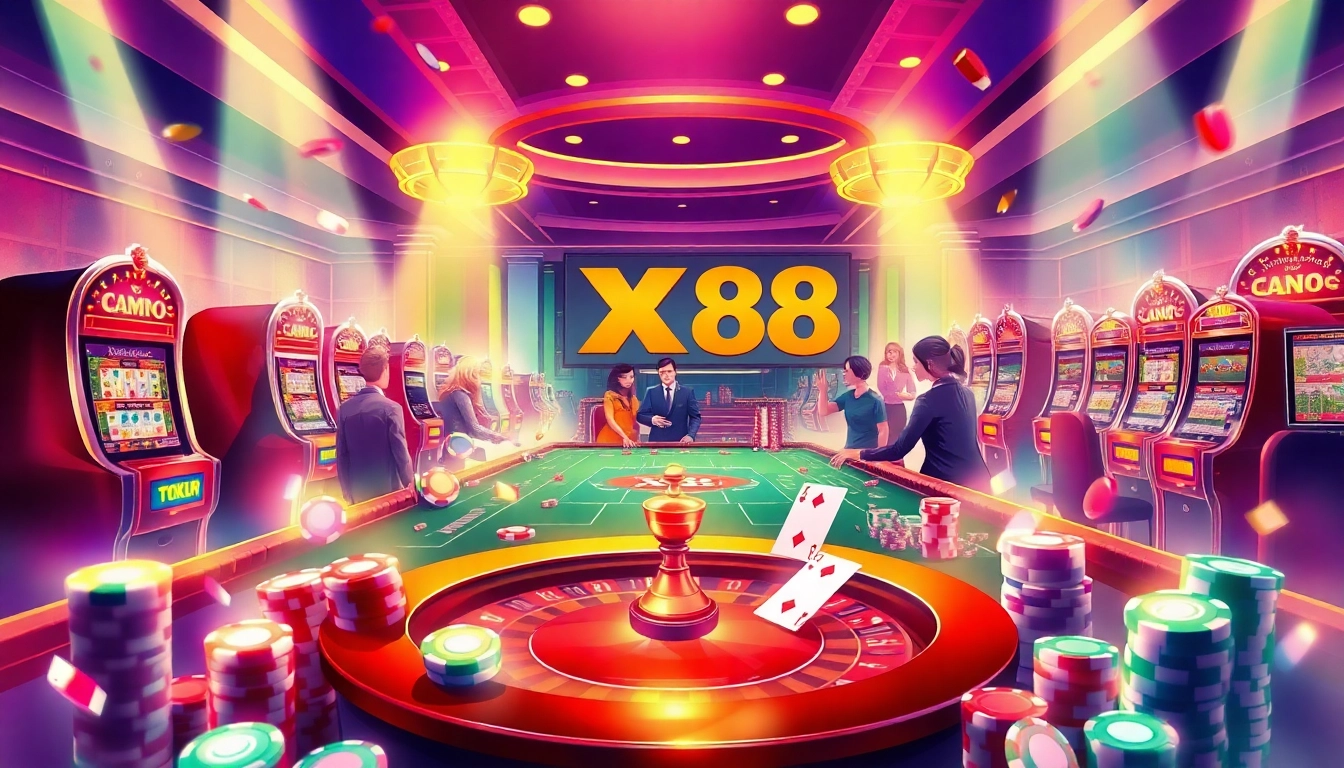 Engage in thrilling XX88 gambling action at a luxury casino table surrounded by vibrant slot machines.