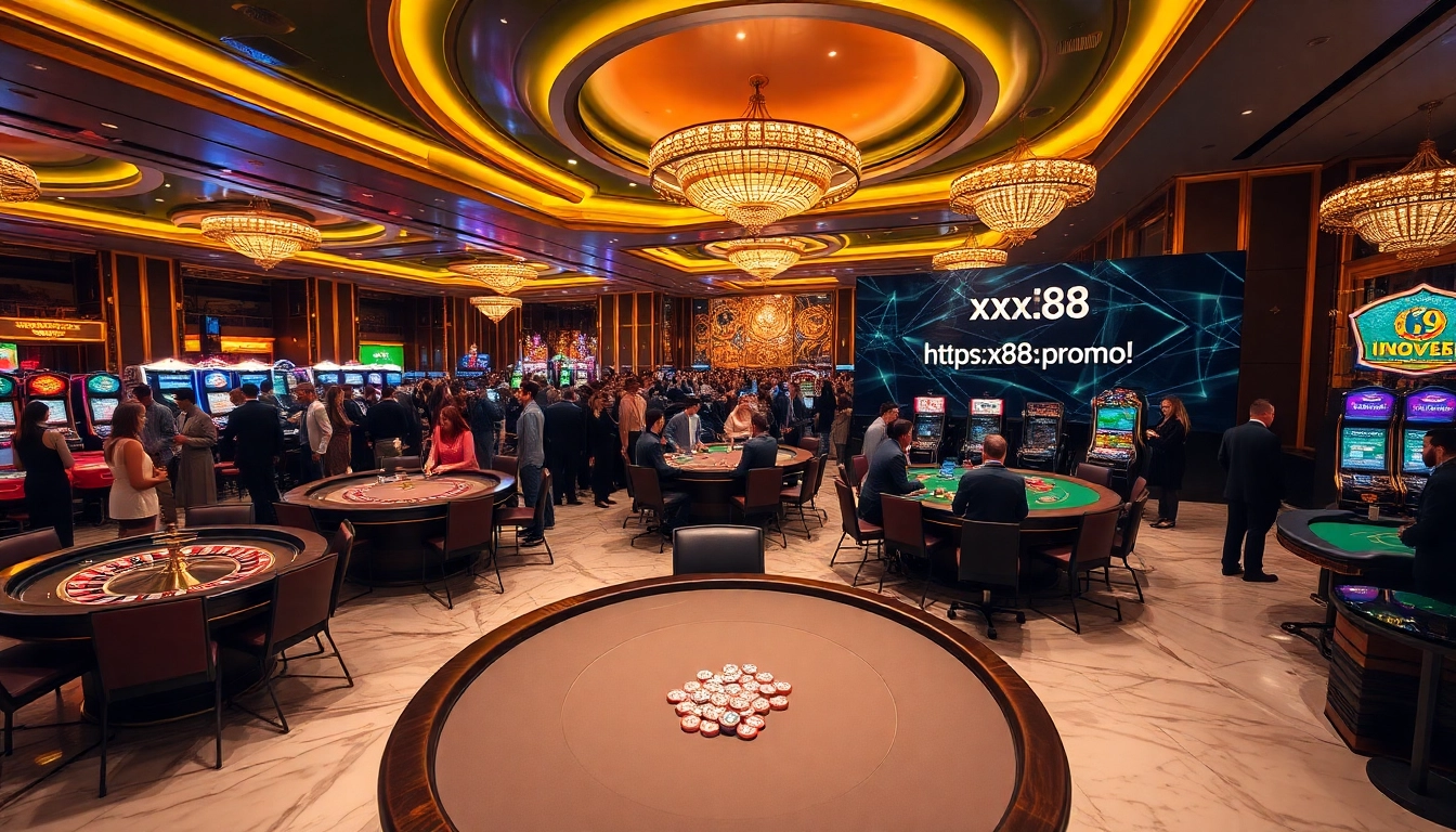 Exciting casino scene promoting https://xx88.promo/, with diverse gamblers enjoying roulette and poker tables.