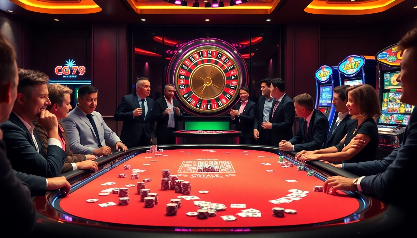 Cảnh chơi game đầy hứng khởi tại cg79 casino với những chip poker và bầu không khí sống động.