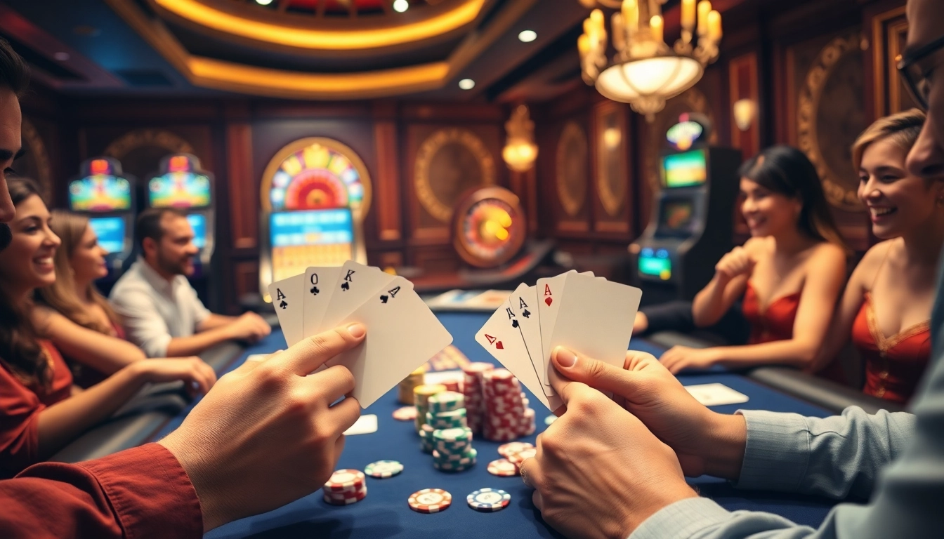 שחקנים שמניחים את ההימור שלהם על שולחן פוקר יוקרתי בהסביבה מרגשת של קזינו.