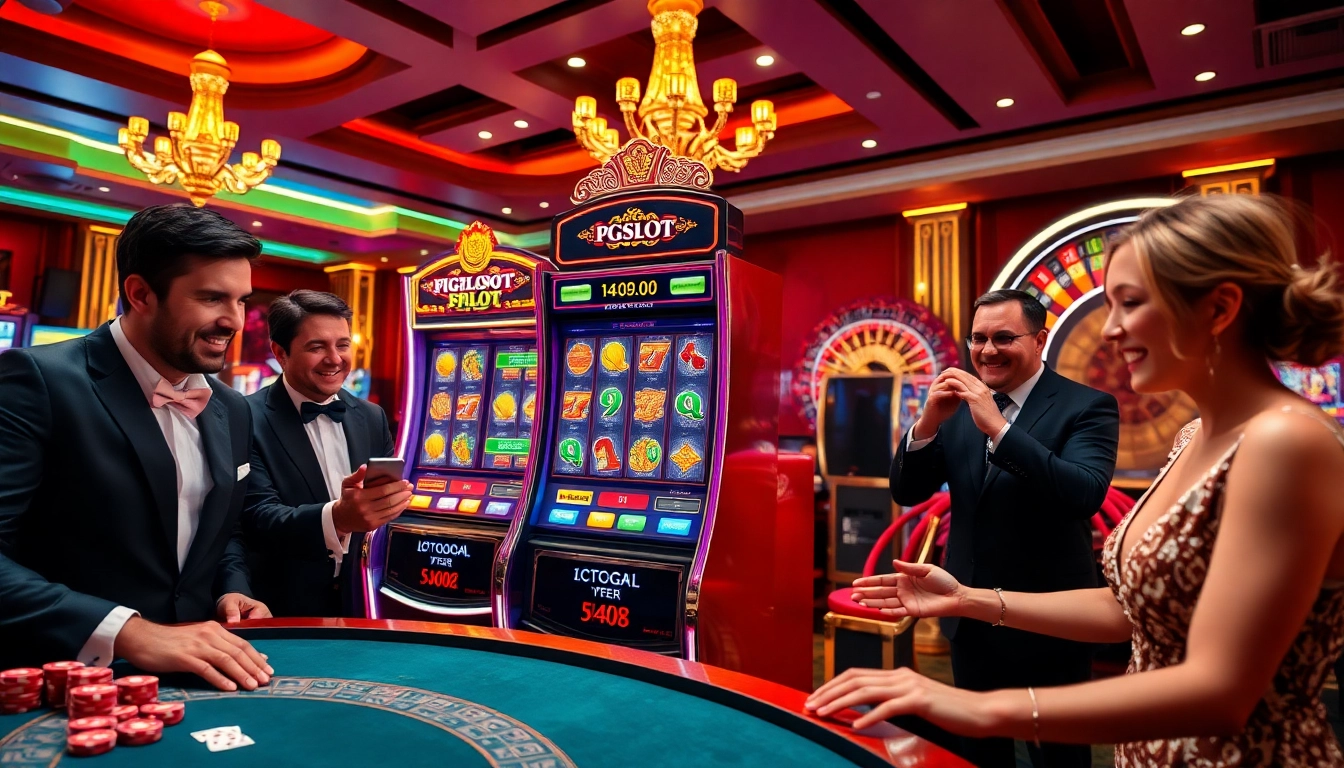 Players enjoying the thrill of PGSLOT machine gameplay in a luxurious casino setting.