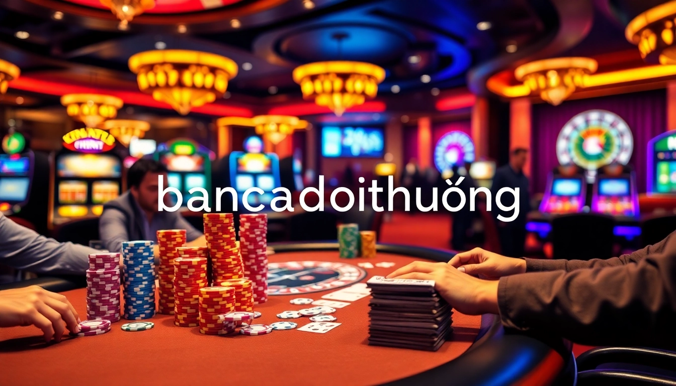 Engaging players strategizing at a high-stakes poker table with bancadoithuong branding.