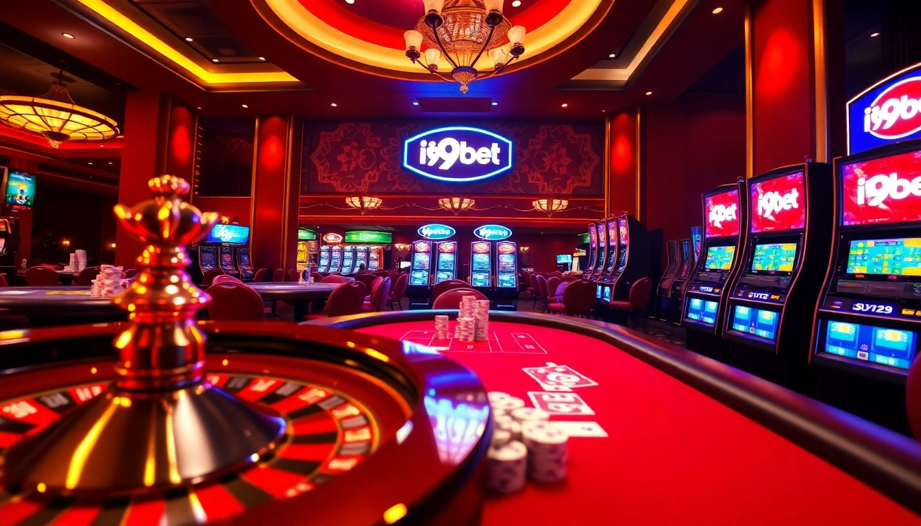 i9bet logo shining on a roulette wheel and poker table in a vibrant casino scene