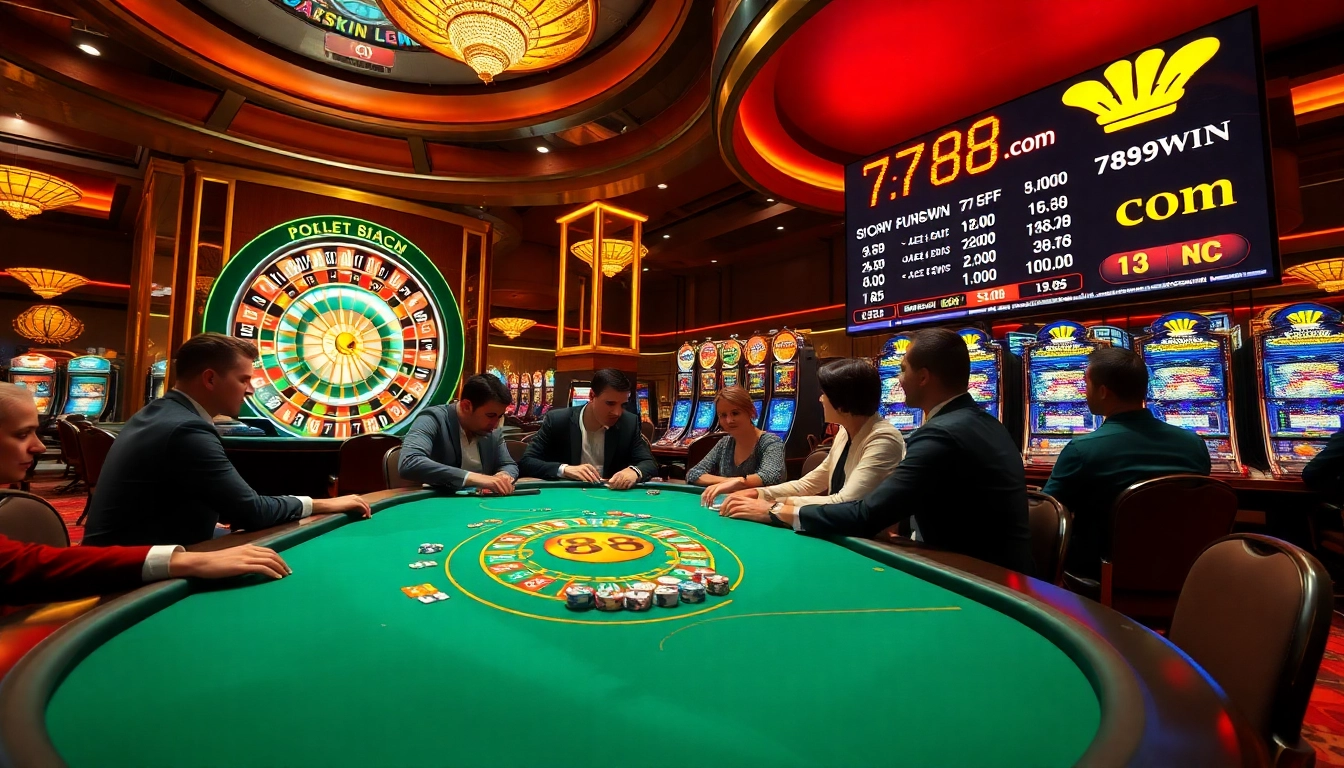 Engage with intense gameplay at 789win com's luxurious poker table surrounded by exciting slot machines.