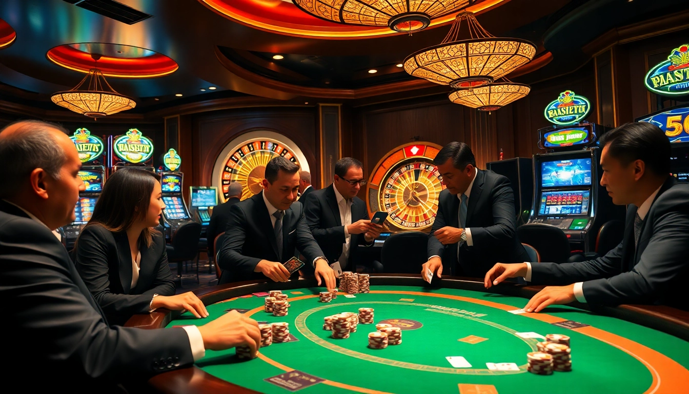 Engaging players enjoying a thrilling casino experience at https://bl555.family/ with poker chips and cards.