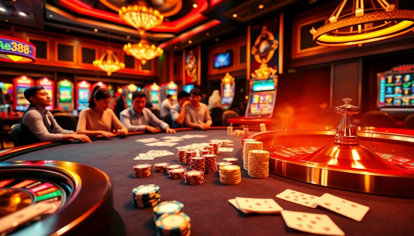 Players enjoying a thrilling game at AE388's luxury poker table surrounded by vibrant casino elements.