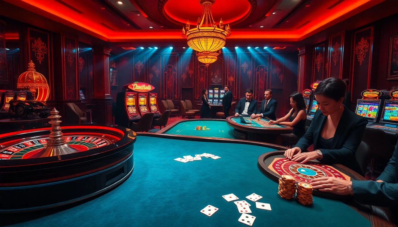 Gamblers enjoying a thrilling game at the luxurious casino atmosphere of https://www.77jili7.com/, featuring poker tables and roulette wheels.