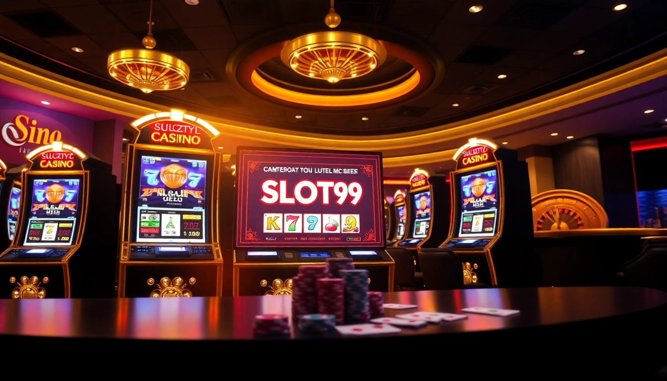 Engage with exciting SLOT99 slot machines in a luxurious casino setting showcasing vibrant graphics and poker chips.
