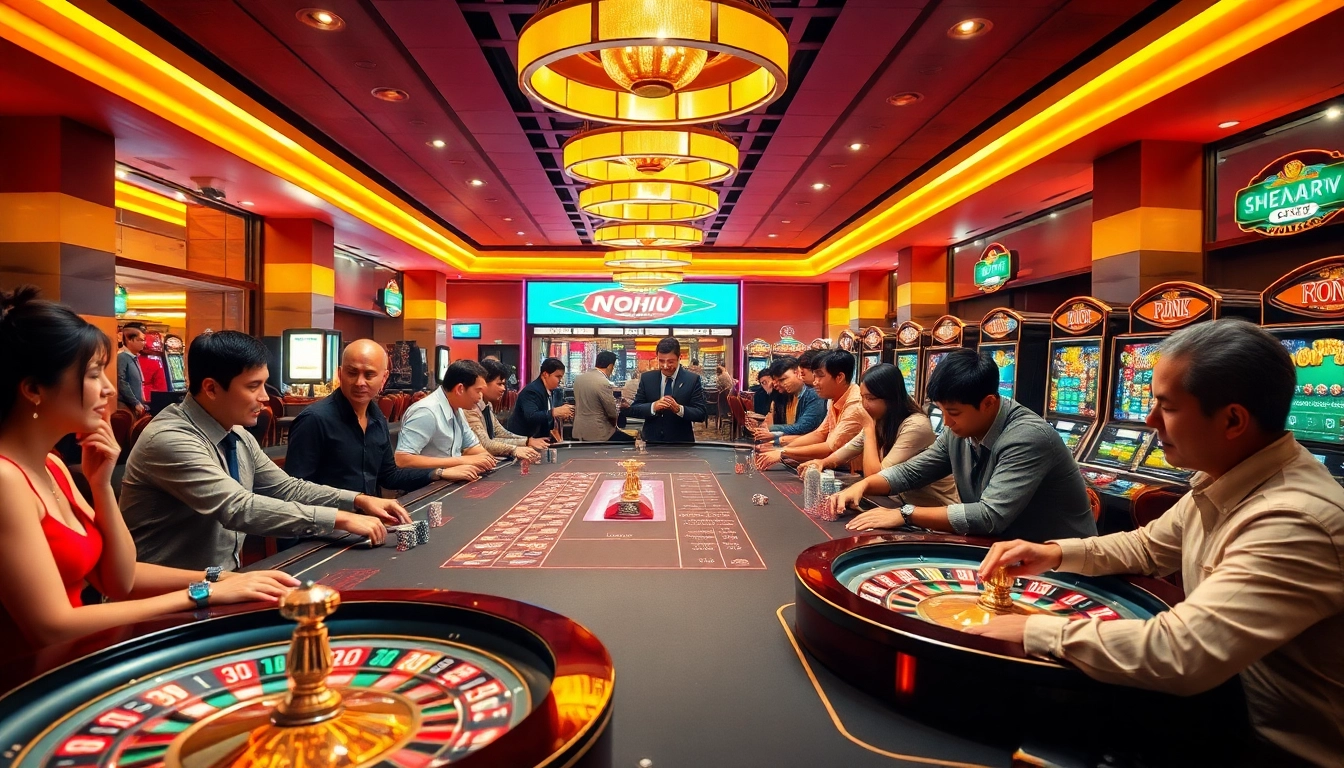 NOHU players enjoying a luxurious casino experience filled with colorful chips and exciting games.