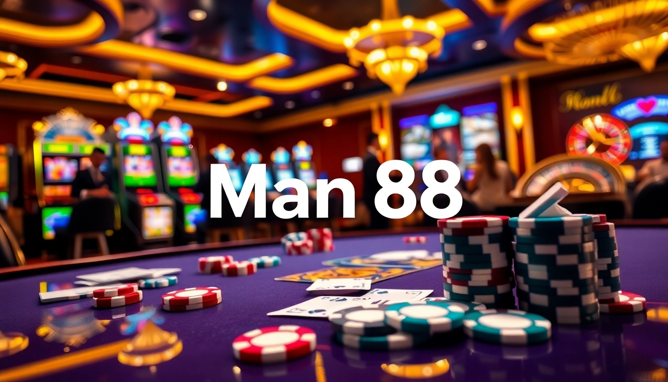 Experience high-stakes excitement at Man88 with vibrant casino gaming action featuring poker chips and tables.