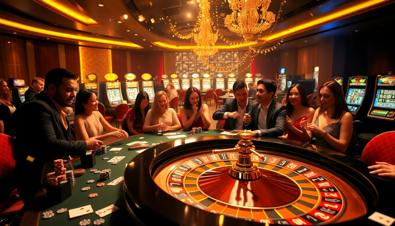 Players engaging at a stunning casino table with Luckywin branding, showcasing excitement and luxury.