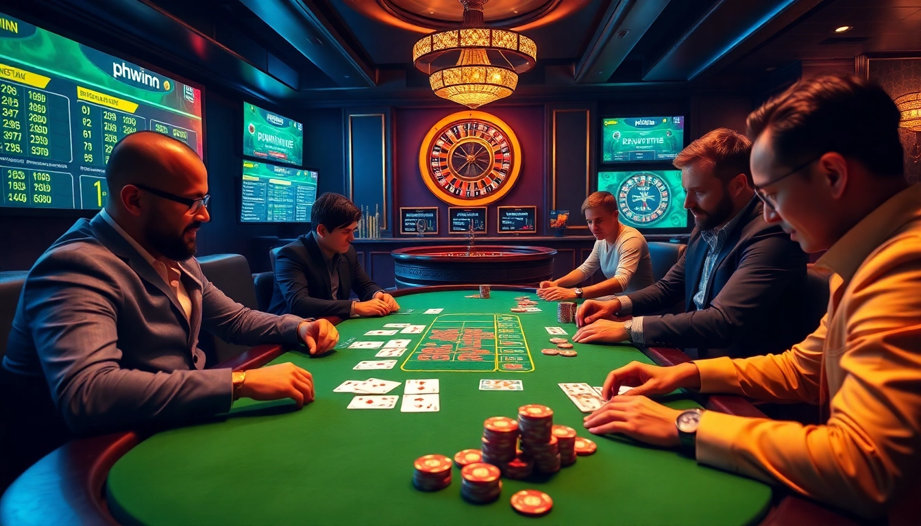 Intense poker game featuring phwin elements and luxurious casino atmosphere.