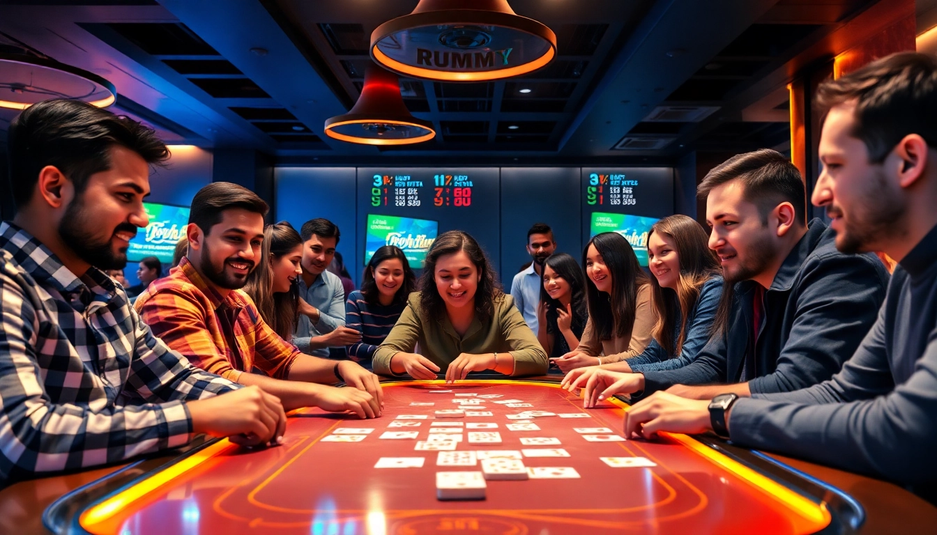 Exciting scene of diverse players enjoying Rummy 91 in a stylish game room.