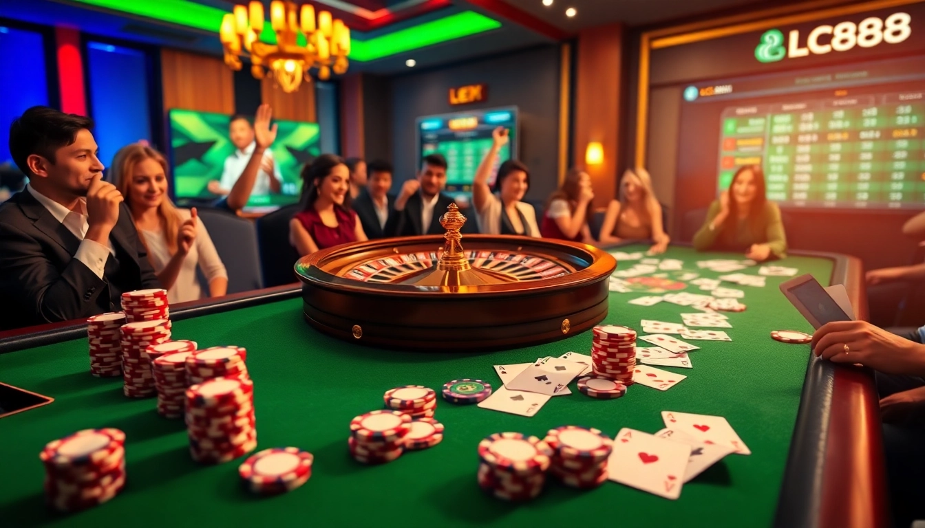 Players engaging in thrilling bets at the luxurious LC88 casino table with roulette and poker elements.
