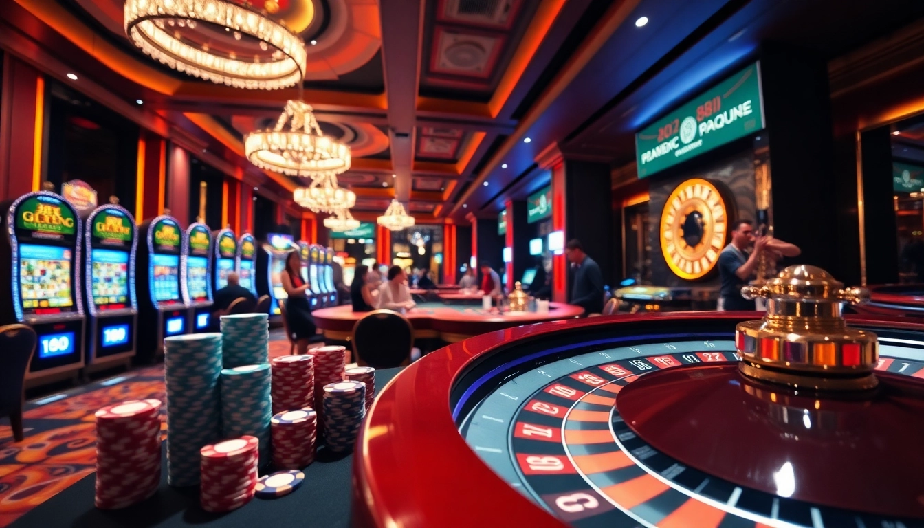 Players enjoy high-stakes games and excitement at 88i casino tables with vibrant chips and slot machines.