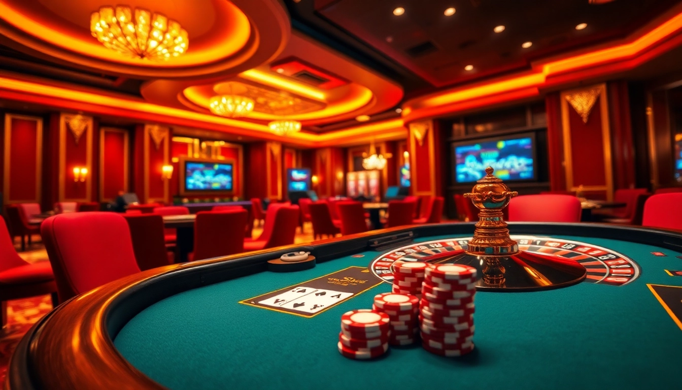 Siu88 poker table scene showcasing excitement and luxury in a bustling casino environment.