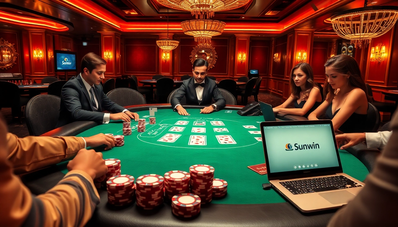 Experience the excitement of gambling at Sunwin, featuring lively poker gaming with vibrant players, chips, and technology.