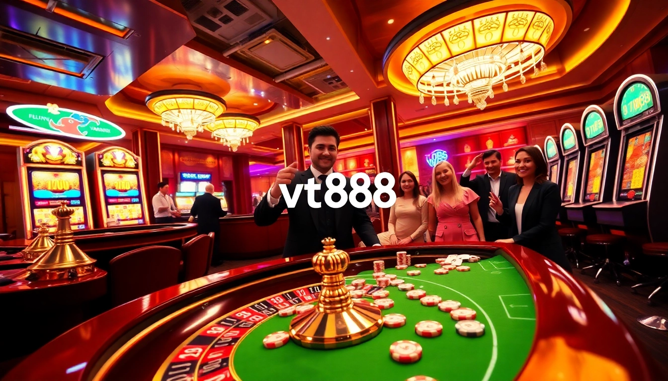 Exciting vt88 online casino scene showcasing roulette, poker, and vibrant players.