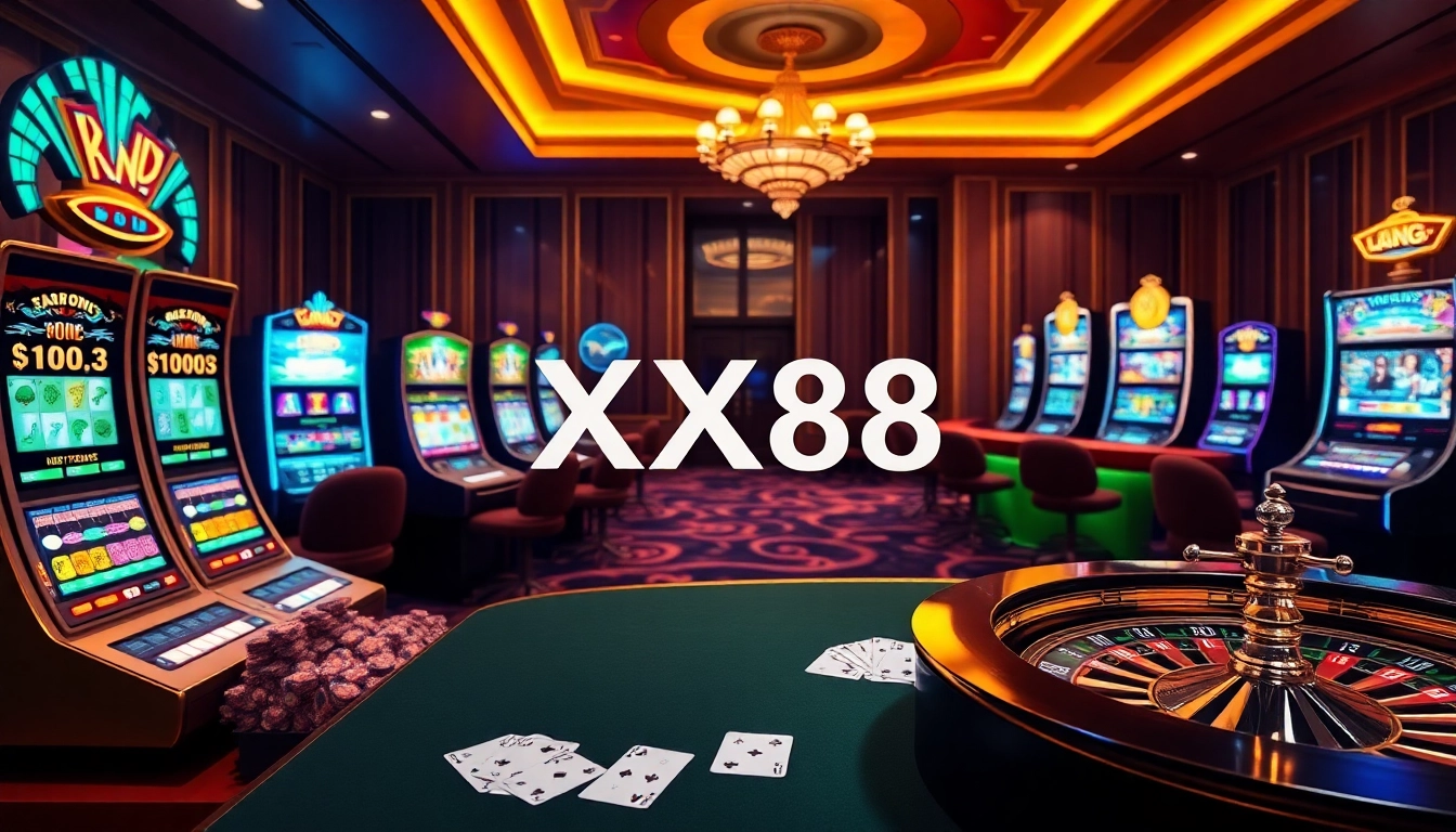 Experience the excitement of online gambling at XX88 with luxury casino visuals featuring vibrant tables and chips.