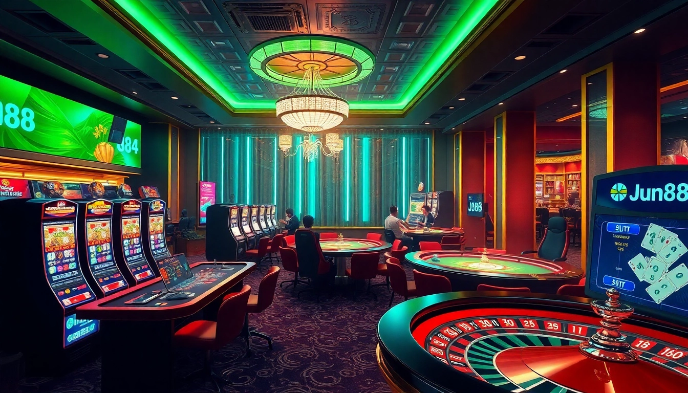 Players enjoying thrilling games at Jun88's virtual casino with vibrant lights and sleek designs.