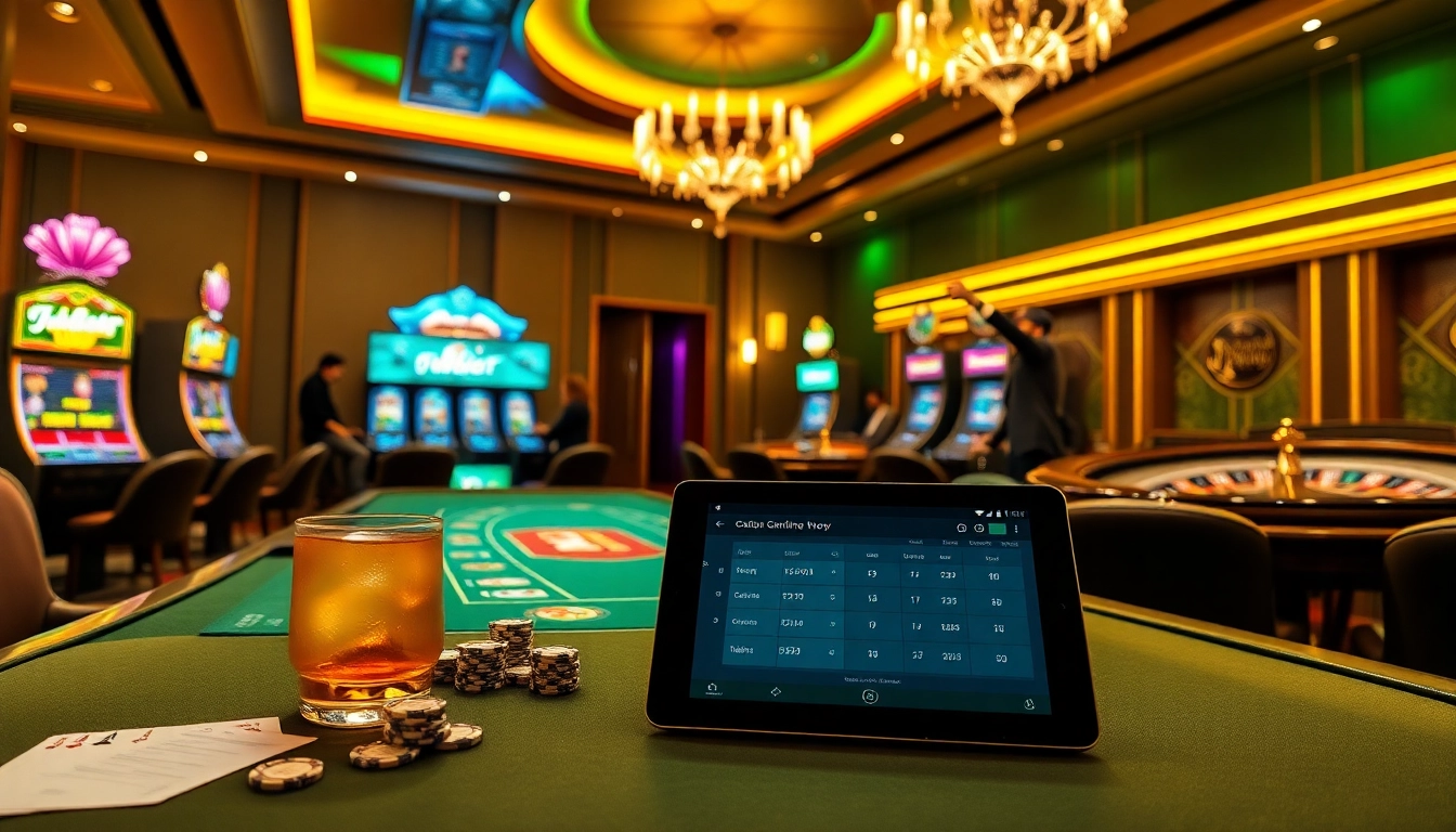 Betting Online Now with a luxurious casino scene featuring poker, roulette, and vibrant slot machines.